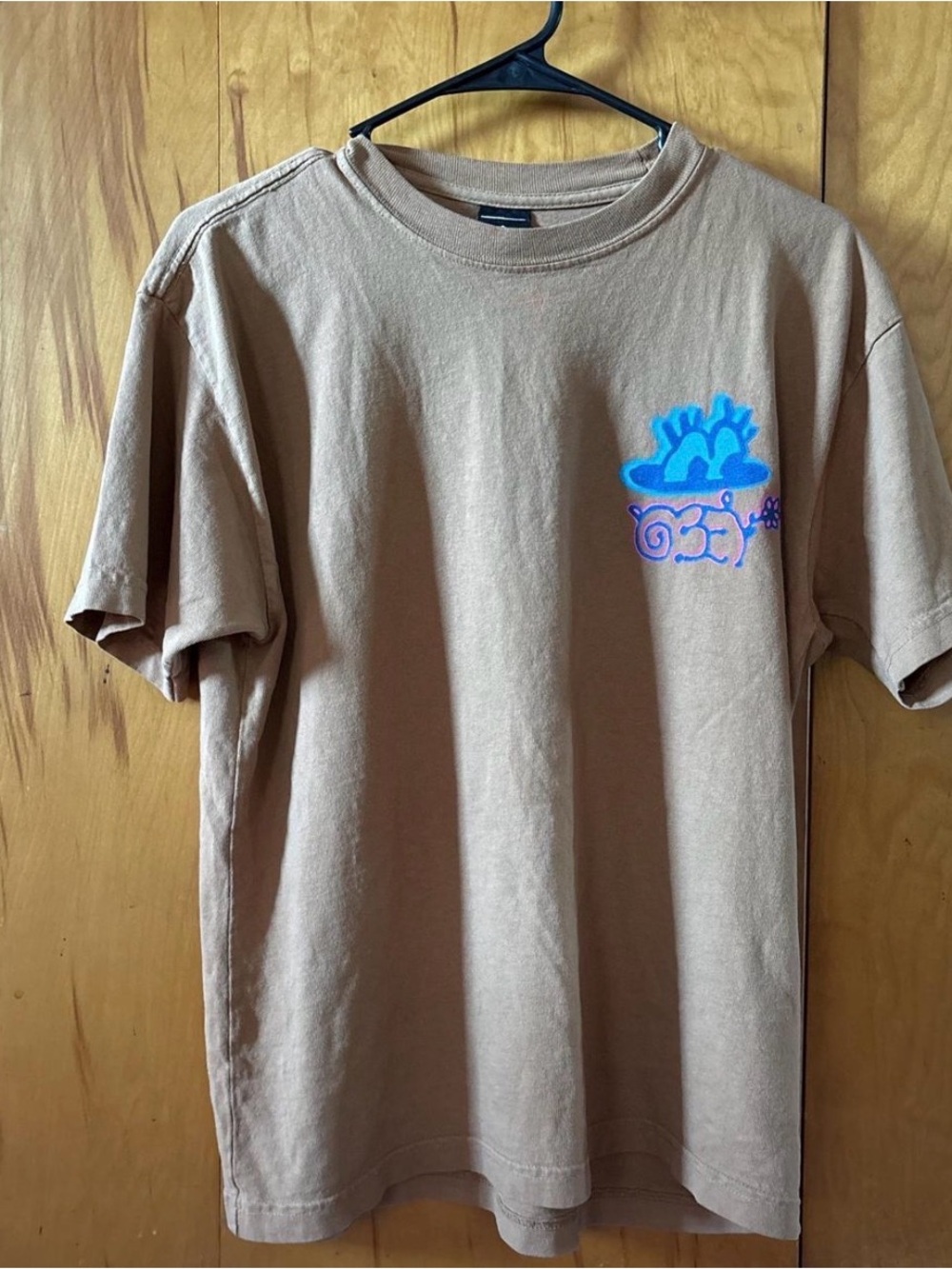 Obey Tan Short-Sleeve Tee with Bright Blue Chest Graphic